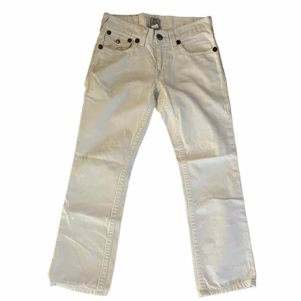 True Religion White Men’s Contast Stitch Flap Pocket Boot Cut Jeans